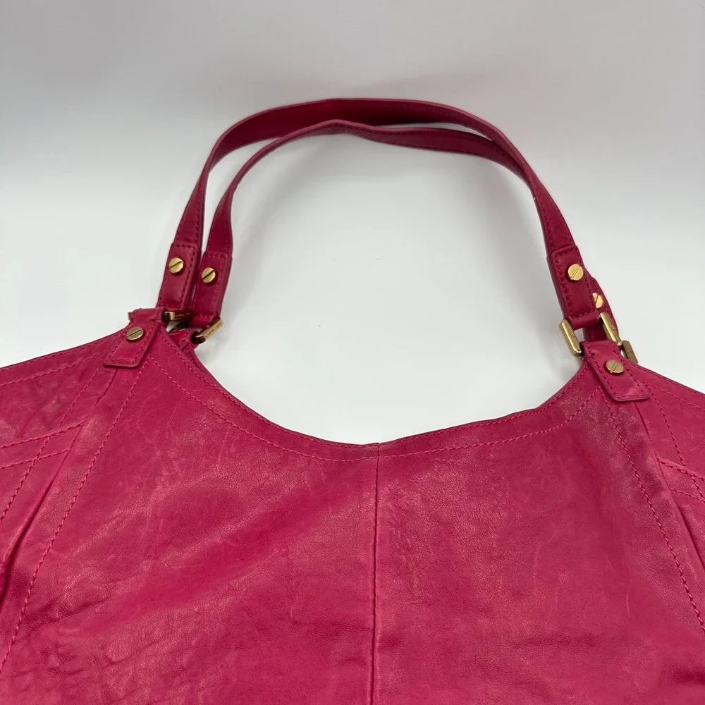 Tory Burch Magenta Leather‎ Tote Shoulder Bag Gold Logo Accent Chic
